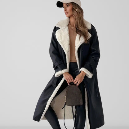 Women’s Coat - Faux Leather - Oversized Fit - Midi Length - Double Breasted - Shearling Lined
