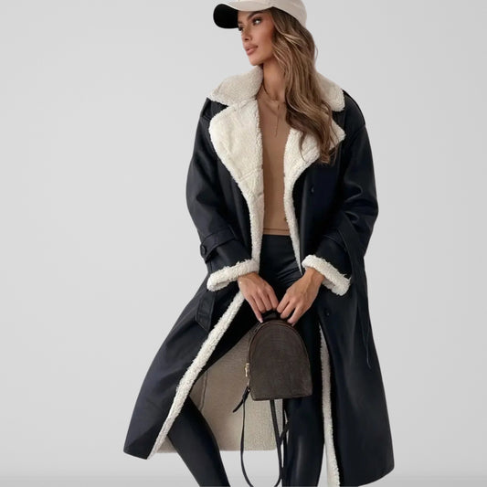Women’s Coat - Faux Leather - Oversized Fit - Midi Length - Double Breasted - Shearling Lined