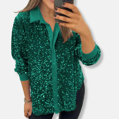 Women's Shirt – Sequins – Relaxed Fit – Classic Collar – Party Outfit