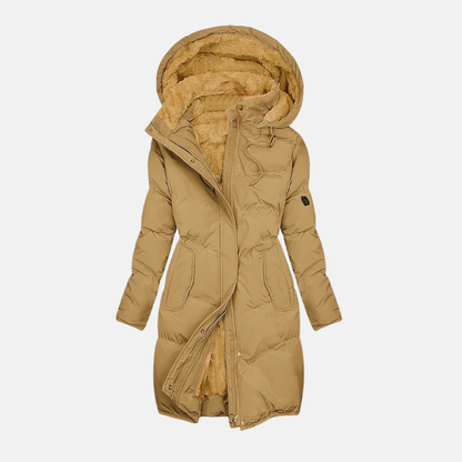 Women’s Coat - Woven Fabric - Longline Quilted - Plush Lined Hood - Adjustable Waist