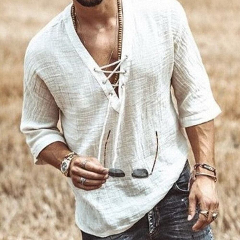 Men's Shirt - Light and Breathable - V-neck with Lacing - Comfortable Loose Fit