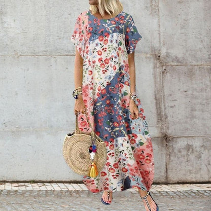Women's Maxi Dress - Bohemian Style - Loose Fit - Short Sleeves - Breathable Fabric