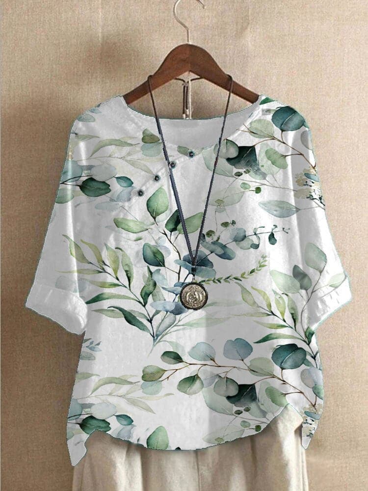 Damebluse – Blomstermønstret – Rund Hals – Halvlange Ermer – Løs Passform – Dekorative Knapper