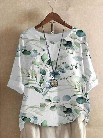 Damebluse – Blomstermønstret – Rund Hals – Halvlange Ermer – Løs Passform – Dekorative Knapper