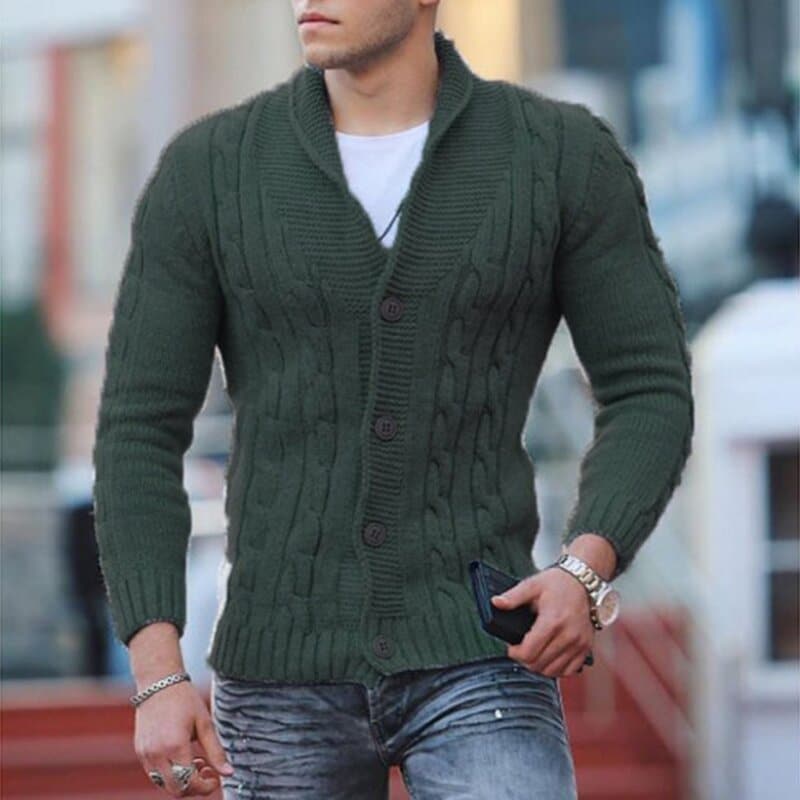 Herre Strikket Cardigan - Kabelstrikk - Ullblanding - Slim Fit - Knappelukking