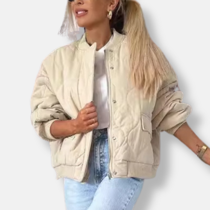 Women's Jacket Quilted – Relaxed Fit – Snap Button Closure – Ribbed Edges – Hip Length