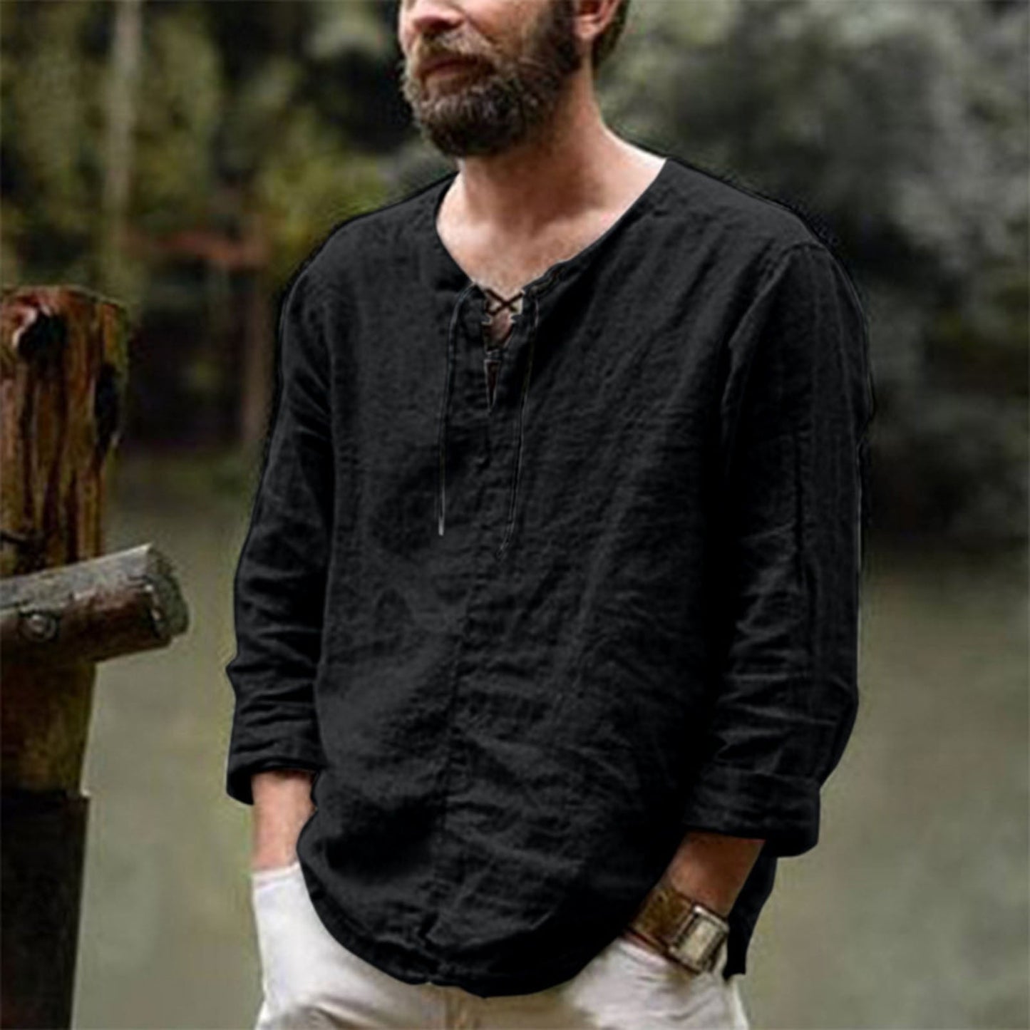 Men's Shirt - Light and Breathable - Relaxed Fit - Henley Neck with Lacing - Long Sleeves