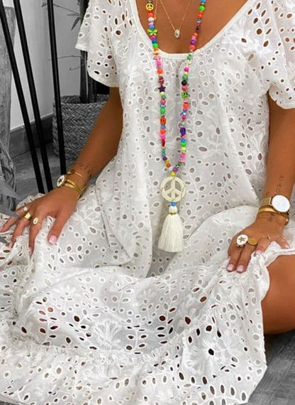 Women's Maxi Dress - Bohemian Style - Broderie Anglaise - V-neck - Airy and Comfortable
