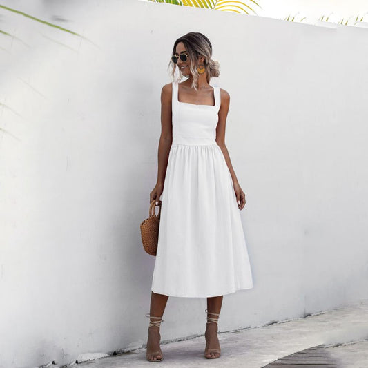 Women's Summer Dress - Sleeveless A-line - Midi Length - Square Neckline