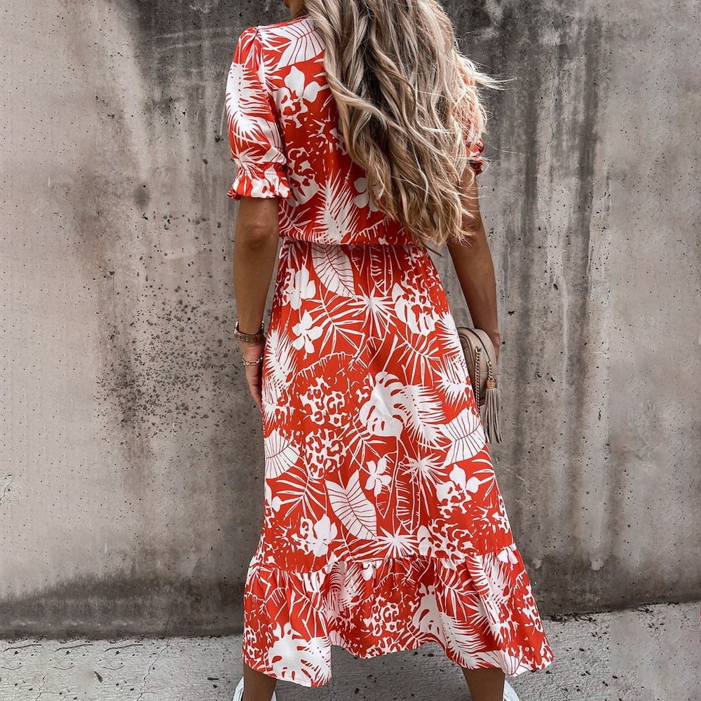Women's Midi Dress - V-neck - Short Puff Sleeves - Fitted Waist - Floral Print