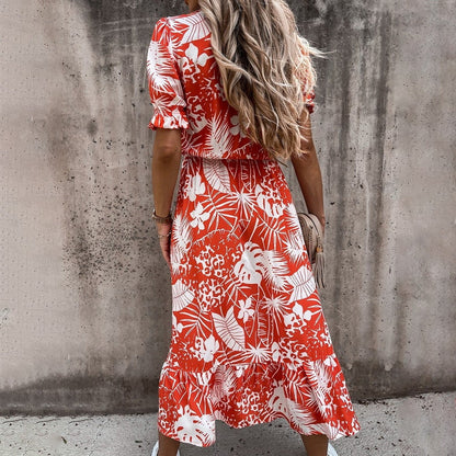 Women's Midi Dress - V-neck - Short Puff Sleeves - Fitted Waist - Floral Print