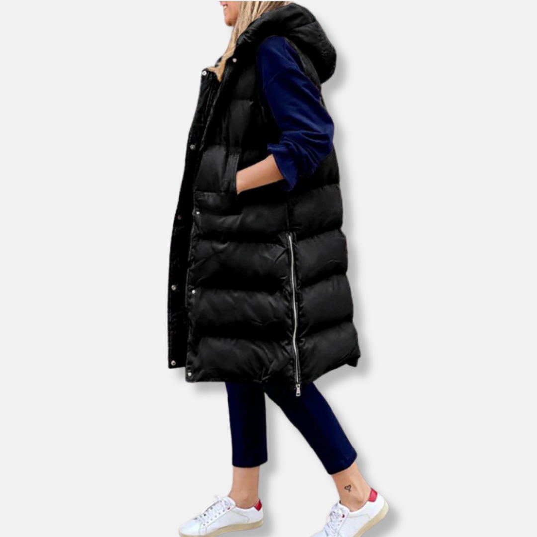 Clara Oversized Long Puffer Vest | Hooded Long Puffer Vest