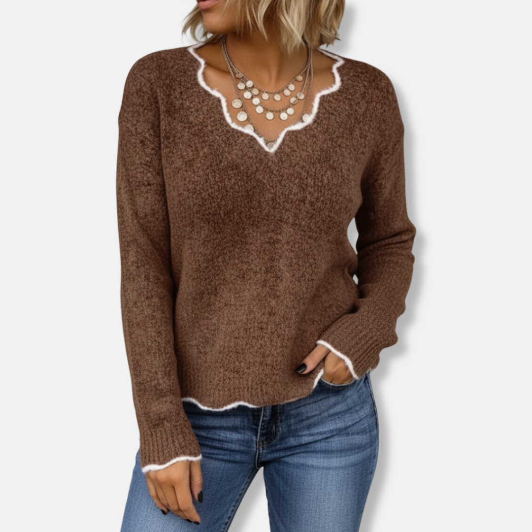 Women's Sweater – Wool Knit – Relaxed Fit – Wavy Neckline – Soft Everyday Style