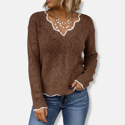 Women's Sweater – Wool Knit – Relaxed Fit – Wavy Neckline – Soft Everyday Style
