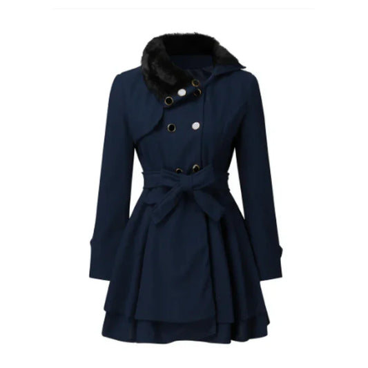 Women's Coat – Wool Blend – Flattering A-line – Faux Fur Collar – Tie Belt