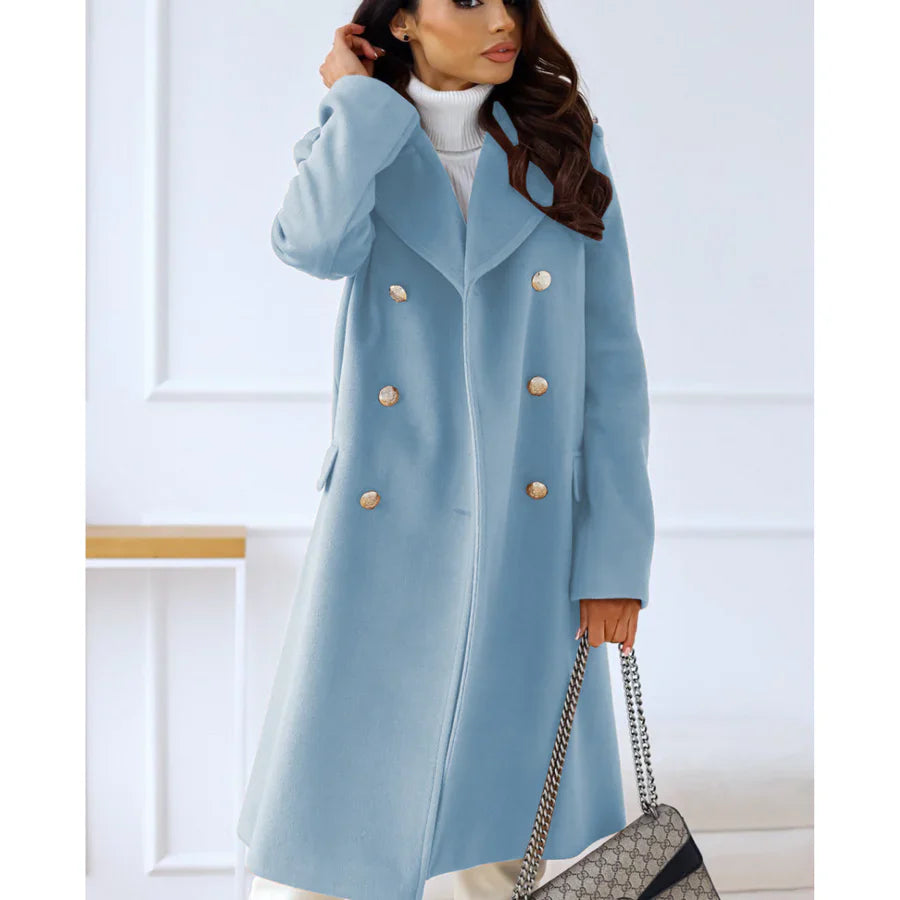 Women's Long Coat – Wool Blend – Tailored – Double-Breasted with Wide Lapels