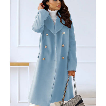 Women's Long Coat – Wool Blend – Tailored – Double-Breasted with Wide Lapels