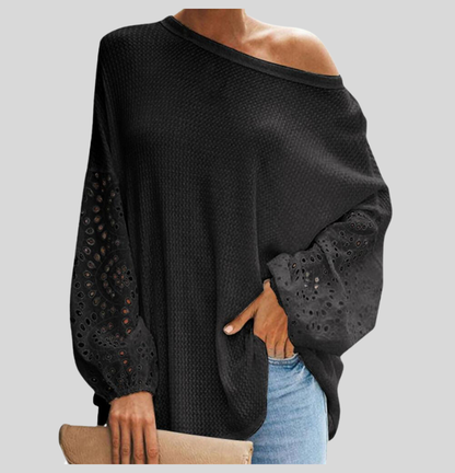 Dame Strikkegenser - Off-Shoulder - Løs Passform - Lange Ermer med Blonder Utskjæringer