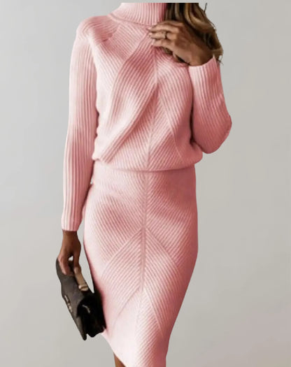 Women's Set – Ribbed Two-piece – Slim Fit – Turtleneck Sweater and Midi Skirt