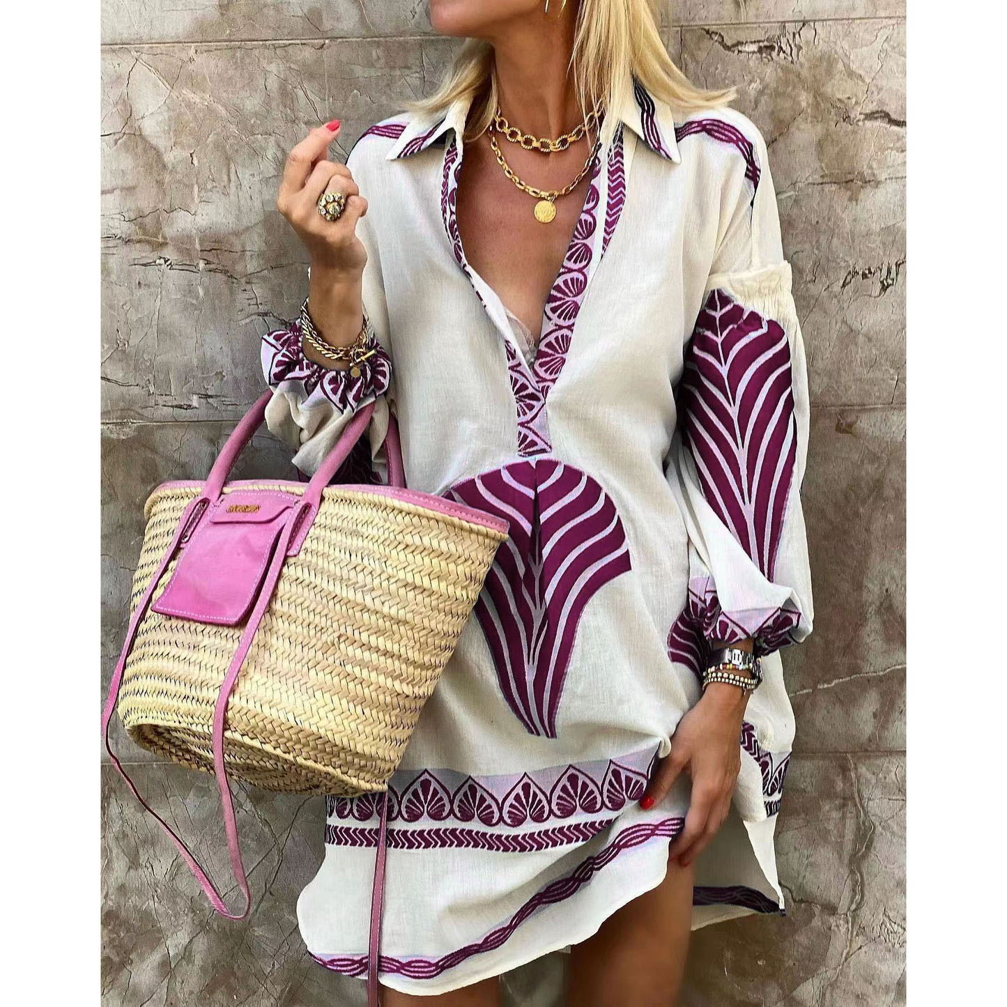 Dress woman – mini length – relaxed fit – V-neck – voluminous sleeves – breathable fabric