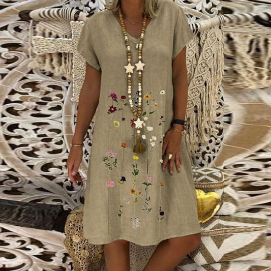 Women's Linen Dress - Breathable Fabric - Loose Fit - Embroidered Pattern - Short Sleeve