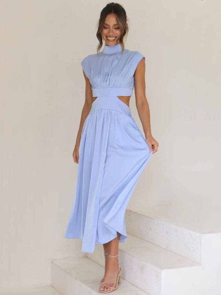 Dress for Women – Midi Fit & Flare – High Neck – Short Sleeves – Cut-Out Details