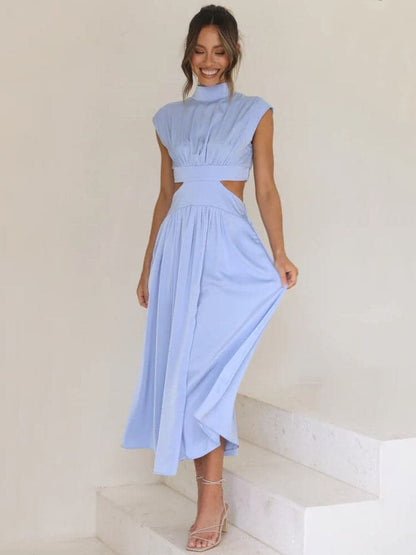 Dress for Women – Midi Fit & Flare – High Neck – Short Sleeves – Cut-Out Details