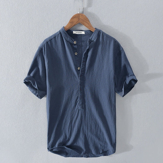 Men's Shirt with Short Sleeves – Relaxed Fit – Natural Fibers – Mandarin Collar