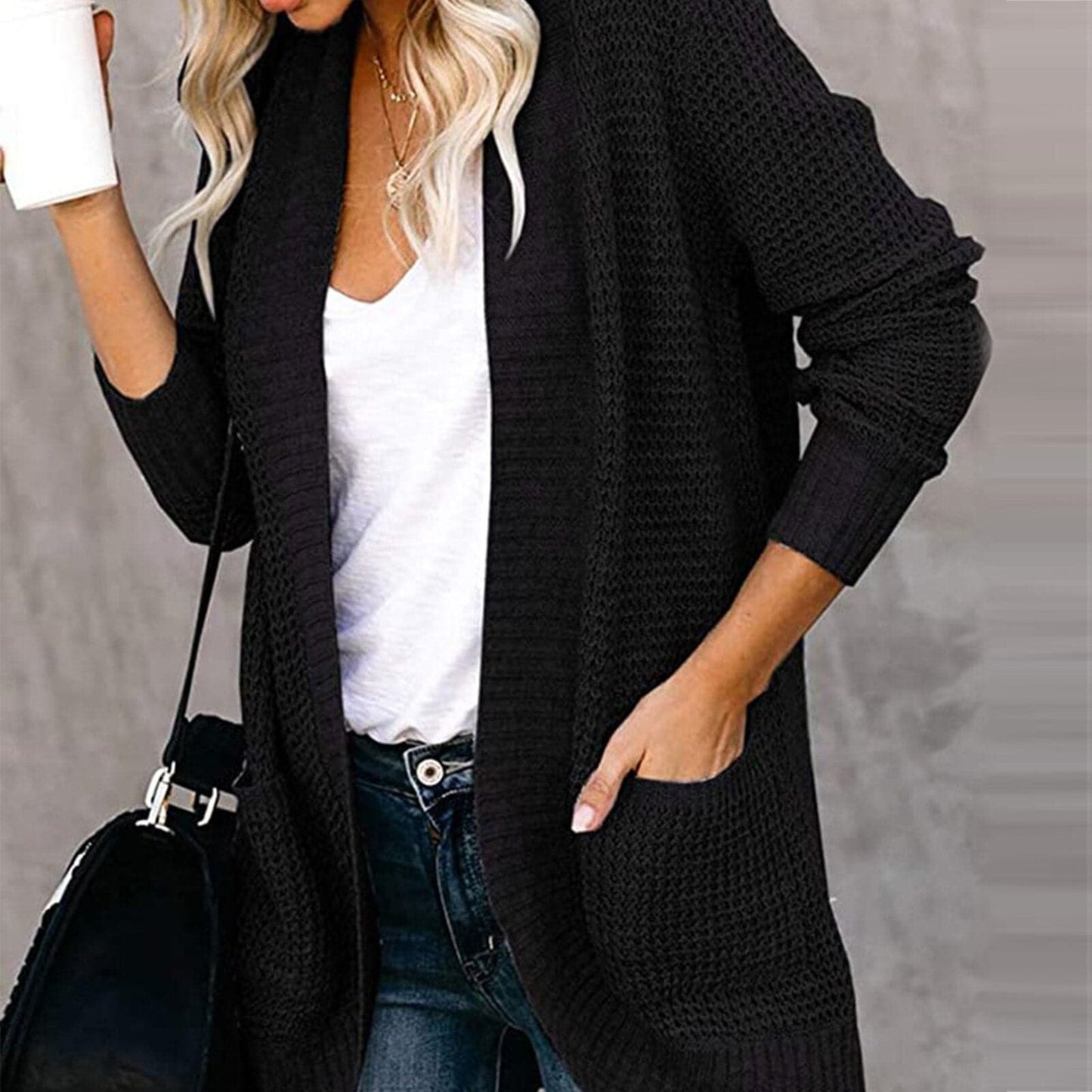 Dame Strikket Cardigan - Mykt Stoff - Åpen Front - Avslappet Passform - Med Lommer
