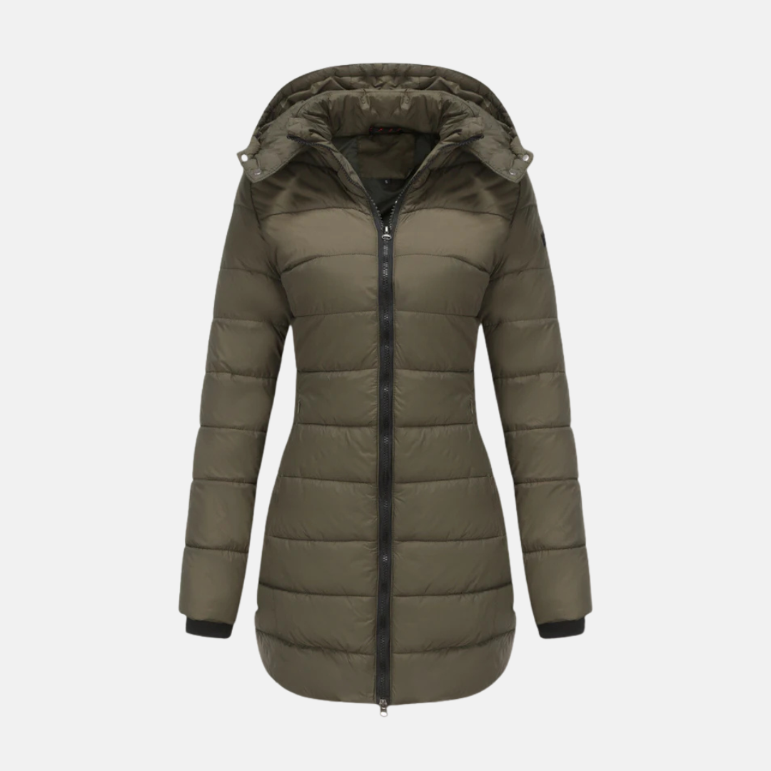 Women’s Puffer Coat - Mid-Thigh Length - Hooded - Two-Way Zipper