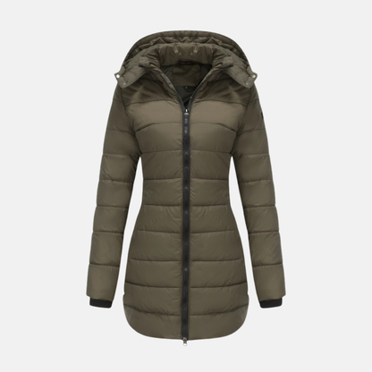 Women’s Puffer Coat - Mid-Thigh Length - Hooded - Two-Way Zipper