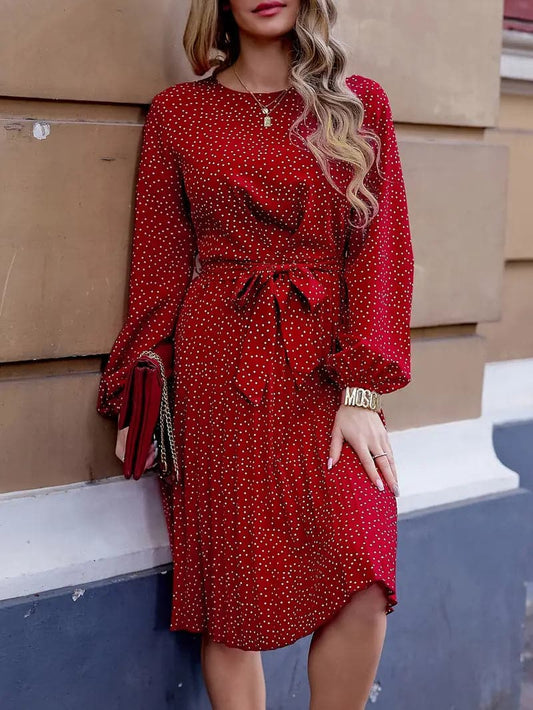 Dress for Women - Elegant Polka Dot Pattern - Knee-Length - Long Sleeves - Adjustable Waist
