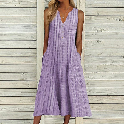 Women's Midi Dress - A-line Fit - V-neck - Buttons & Side Pockets - Airy Fabric