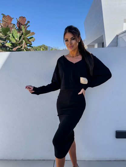 Women's Sweatshirt Dress Set – Soft Knit – V-Neck – Midi Pencil Skirt – Relaxed Fit