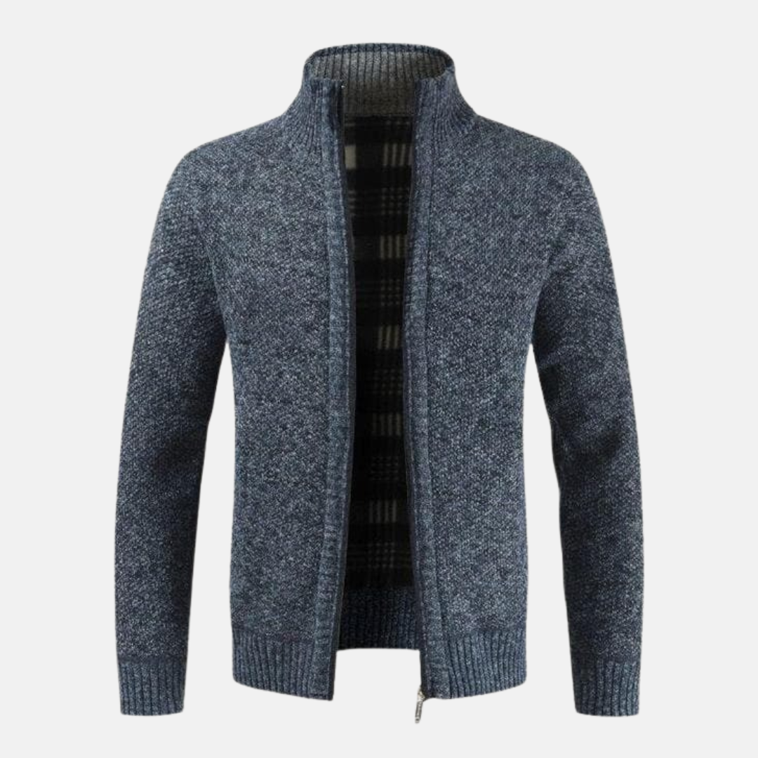 Giacomo High Collar Zip Cardigan | Plaid Lining Cardigan