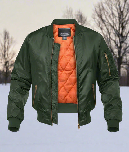Men's Bomber Jacket - Quilted Lining - Ribbed Edge - Zipper Pockets