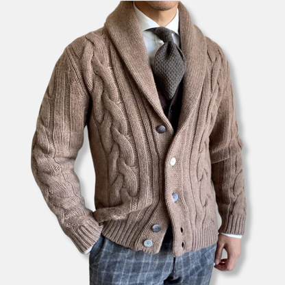 Men's Cardigan – Wool Blend – Regular Fit – Cable Knit – Shawl Collar – Buttoning