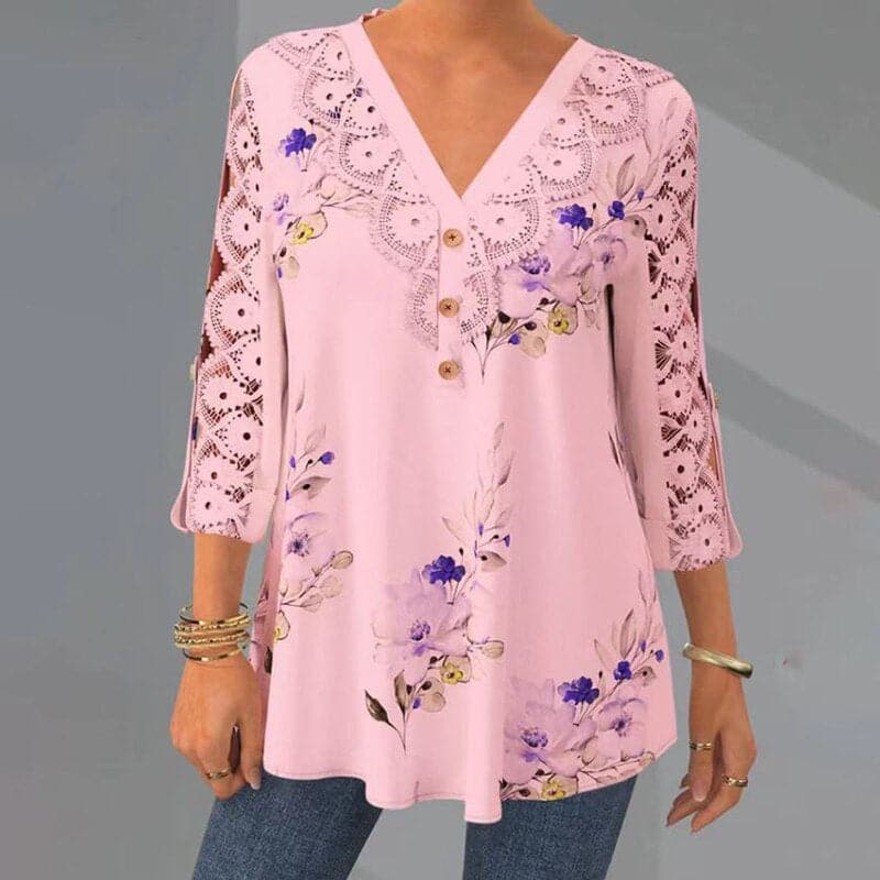 Damebluse - Blomsterprint - Blonder V-hals - 3/4 Ermer - Løs Passform - Knappedetaljer
