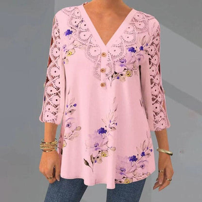 Damebluse - Blomsterprint - Blonder V-hals - 3/4 Ermer - Løs Passform - Knappedetaljer