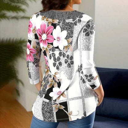 Dame Tunika - Avslappet Passform - Asymmetrisk Krage med Knapper - Blomstermønster