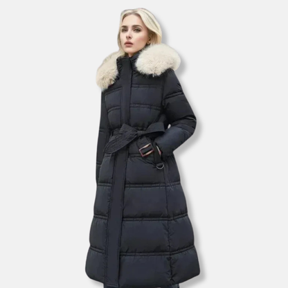 Mia Relaxed Fit Long Puffer Jacket | Fur Trim Long Puffer Jacket