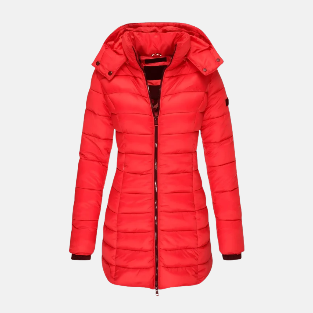 Women’s Puffer Coat - Slim Fit - Mid-Thigh Length - Hooded