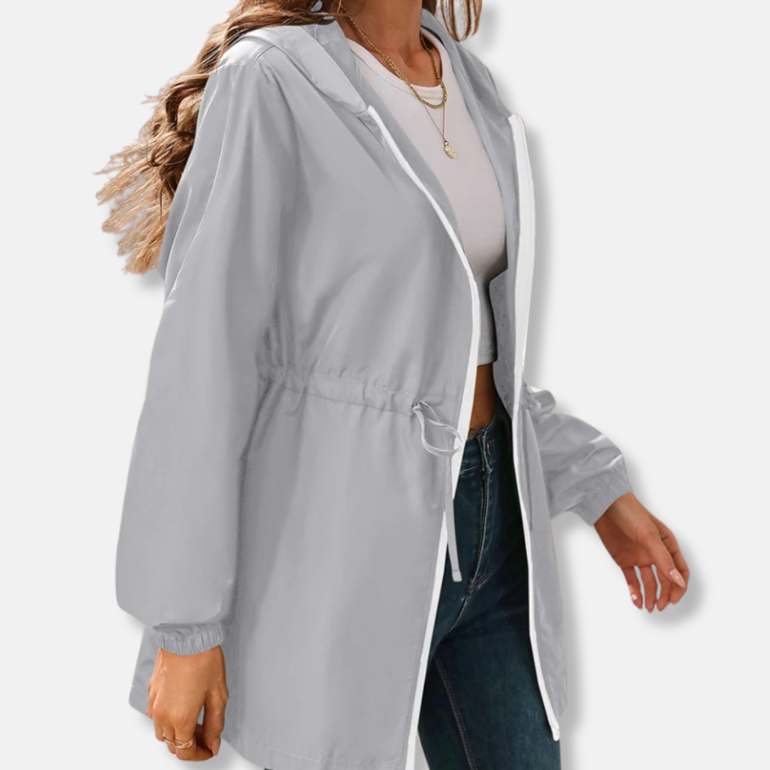 Women's Rain Jacket – Water-Repellent Lightweight Fabric – Adjustable Waist – Hood – Zipper