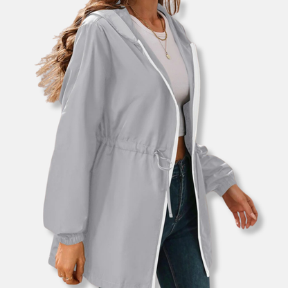 Women's Rain Jacket – Water-Repellent Lightweight Fabric – Adjustable Waist – Hood – Zipper