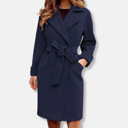 Women's Trench Coat – Tailored Fit – Wool Texture – Knee Length – Belt at Waist
