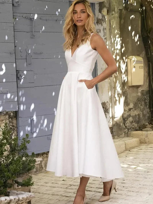 Women's Dress - A-line Midi - V-neck - Thin Straps - Defined Waist - With Pockets