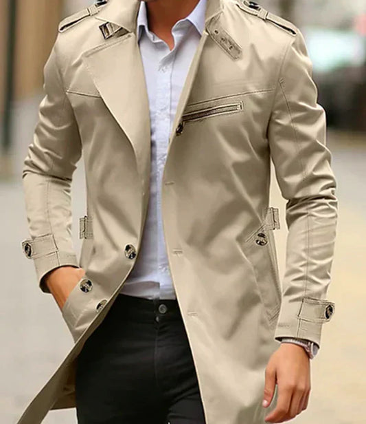 Men's Trench Coat - Double-Breasted - Classic Cut - Mid-Thigh Length - Functional Pockets
