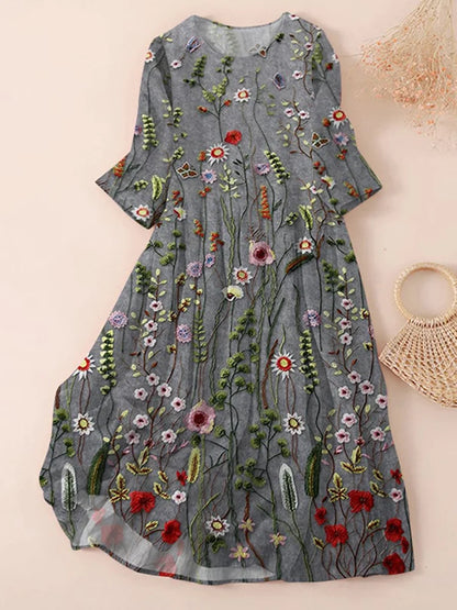 Dress for Women – Relaxed Fit – Embroidered A-line – Knee-length – Breathable Material