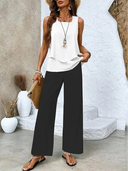 Women's Set with Top and Wide Pants – Relaxed Fit – Breathable Fabric – Sleeveless