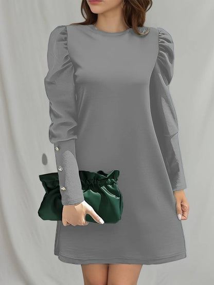 Dress for Women – Elegant A-Line – Puff Sleeves – Knee-Length – Button Details